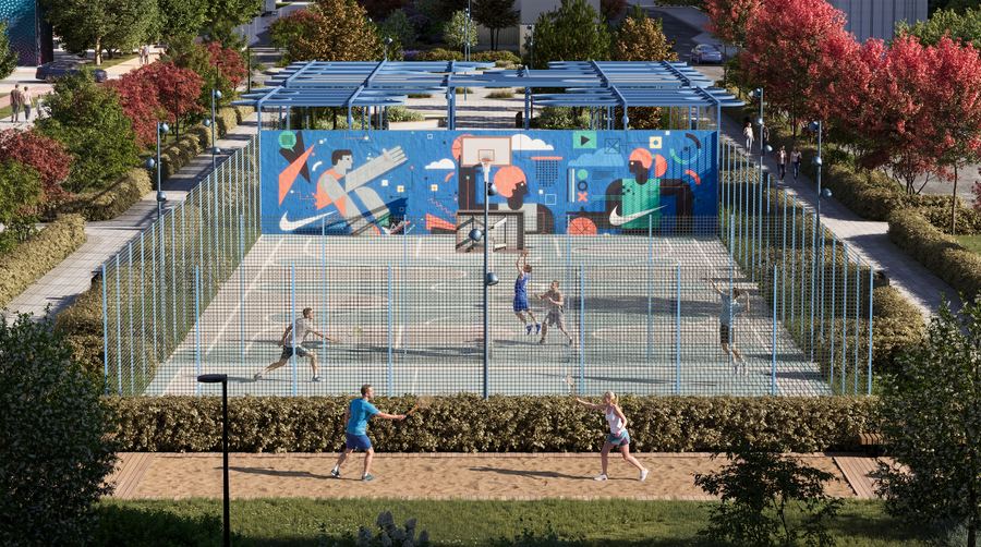 ЖК Остров · спортивное ядро — вечерний сценарий — до AI-обработки