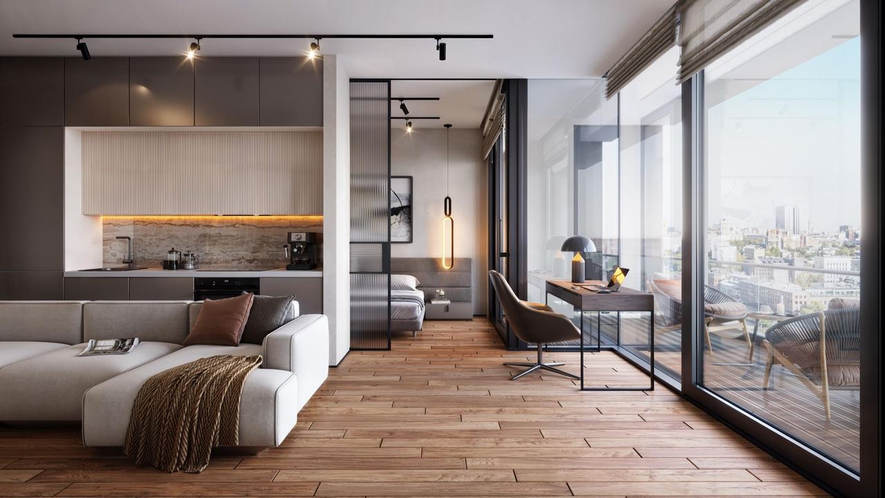 Спальня с видом на город — 3D-визуализация PHOTOREAL 3D